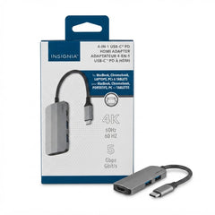 Insignia 4-in-1 USB-C PD HDMI Adapter (4K @ 60Hz, 5 Gbps) – Multiport USB-C Hub Dongle for MacBook, Chromebook, Laptops & Tablets