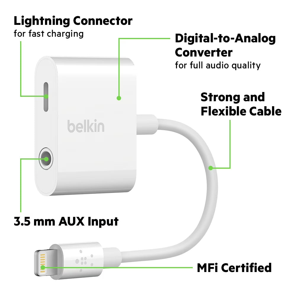 Belkin 3.5mm Audio + Charge RockStar – Lightning Adapter for iPhone