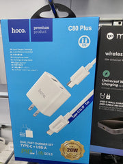HOCO C80 Plus 20W Dual Fast Charger Set – USB-C + USB-A