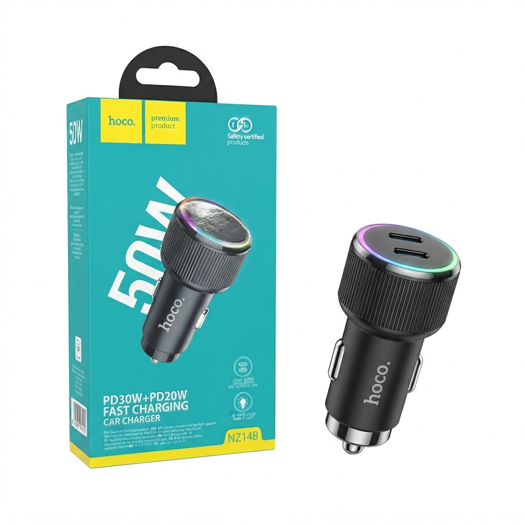 Hoco NZ14B 50W PD30W + PD20W Fast Charging Car Charger with Ambient Light