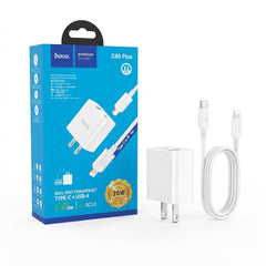 Hoco C80 Plus 20W Dual Fast Charger Set (Type-C + USB-A) with Type-C to IP Cable