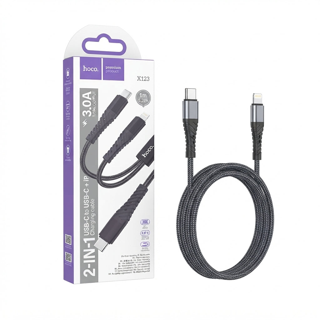 Hoco X123 2-in-1 USB-C to USB-C and IP Multi-Device Charging Cable (1m)