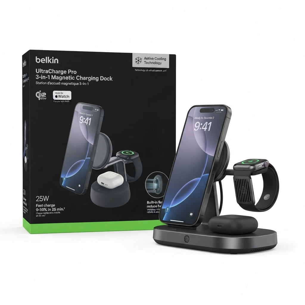 Belkin UltraCharge Pro 3-in-1 Magnetic Charging Dock 25W | Qi2 | Active Cooling