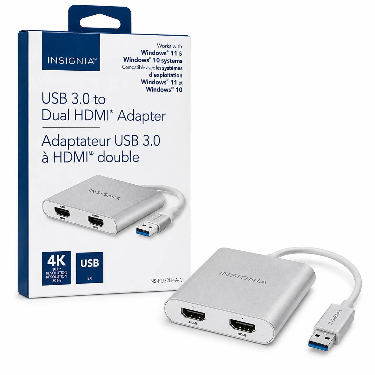 Insignia USB 3.0 to Dual HDMI Adapter – Dual Display 4K 30Hz – NS-PU32H4A-C