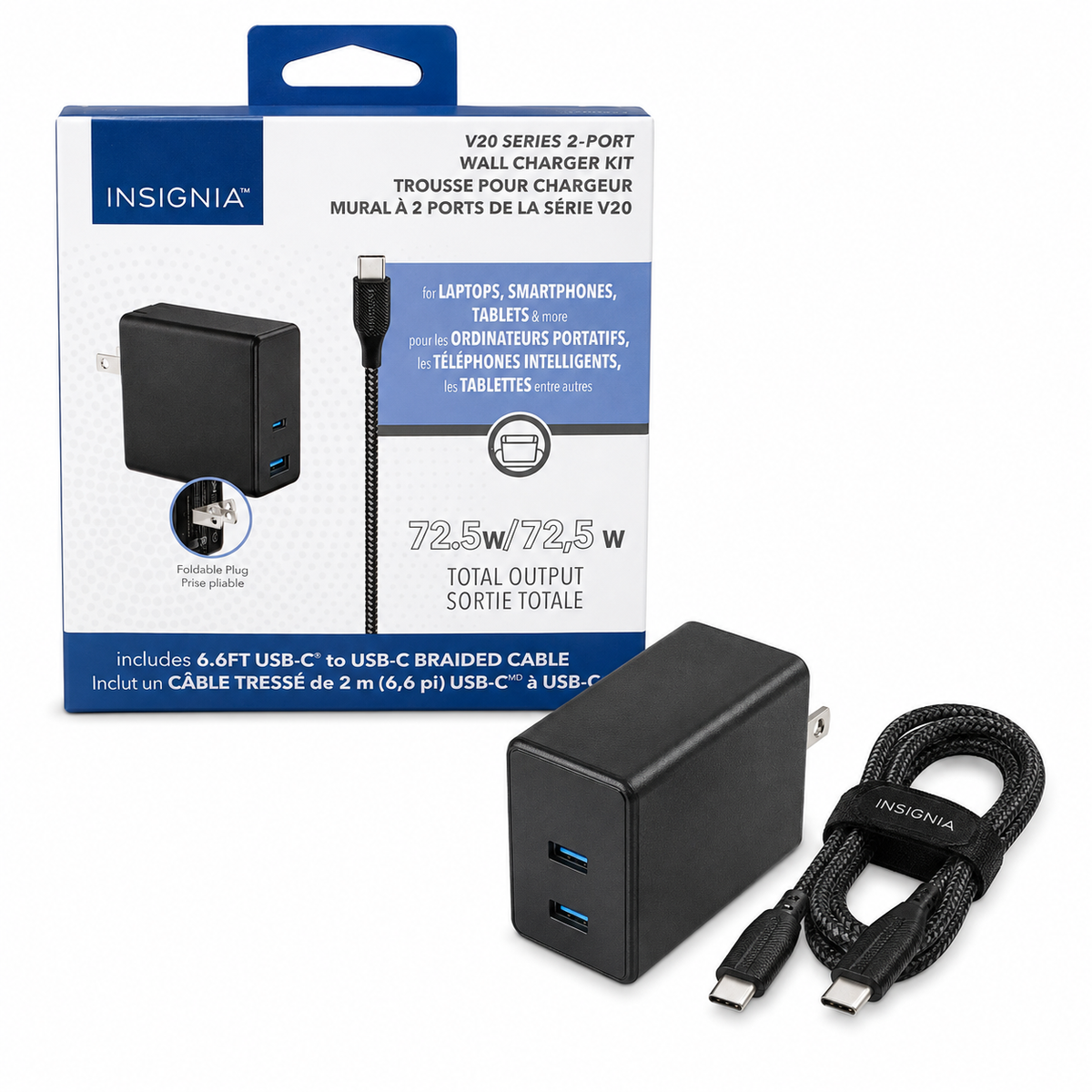 Insignia V20 Series 2-Port USB-C Wall Charger Kit – 72.5W Total Output with 6.6ft USB-C Cable