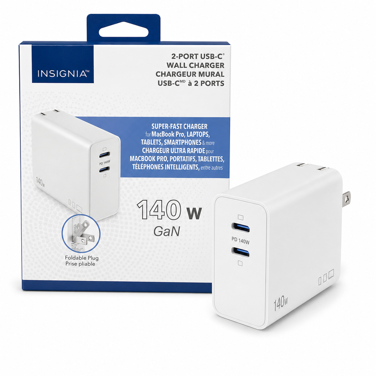 Insignia 140W GaN 2-Port USB-C Wall Charger – Foldable Plug