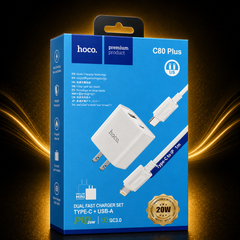 HOCO C80 Plus 20W Dual Fast Charger Set – USB-C + USB-A