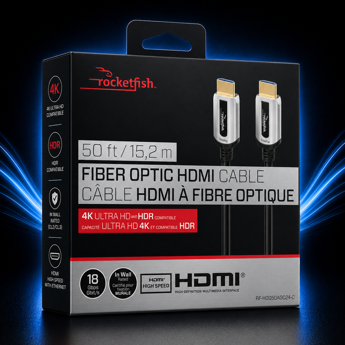 Rocketfish 50ft Fiber Optic HDMI Cable – 4K HDR, 18Gbps
