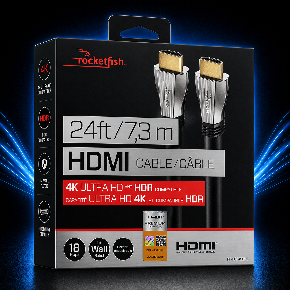 Rocketfish 24 ft 4K Ultra HD HDMI Cable – 18 Gbps, HDR Compatible