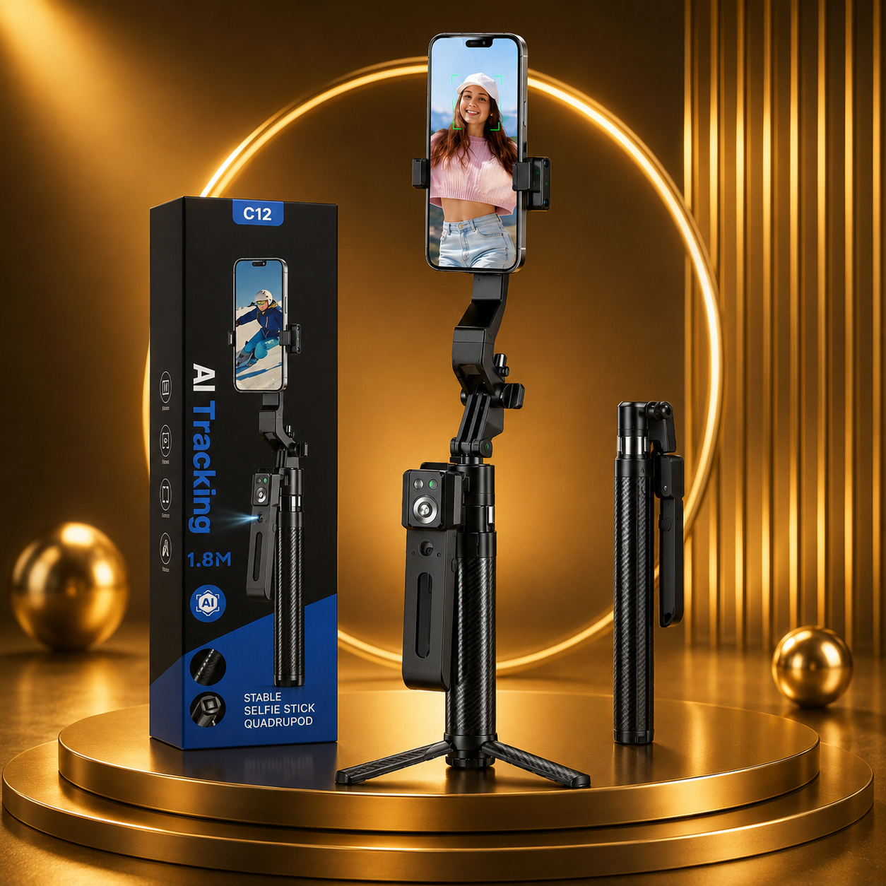 C12 AI Tracking Selfie Stick Tripod – 1.8M Extendable with AI Auto Tracking