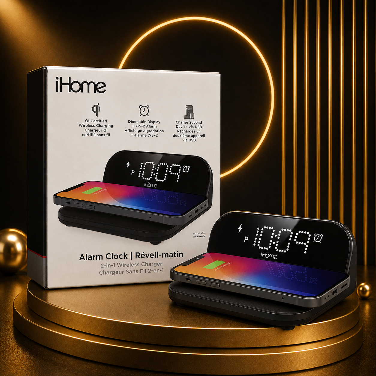 iHome 2-in-1 Wireless Charging Alarm Clock – Qi Certified