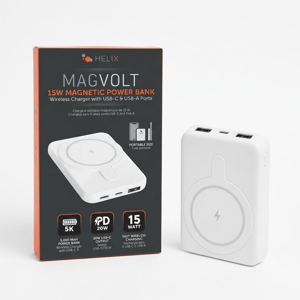 Helix MagVolt 5,000 mAh Magnetic Wireless Power Bank (15W Wireless, 20W USB-C PD) with USB-A & USB-C Ports