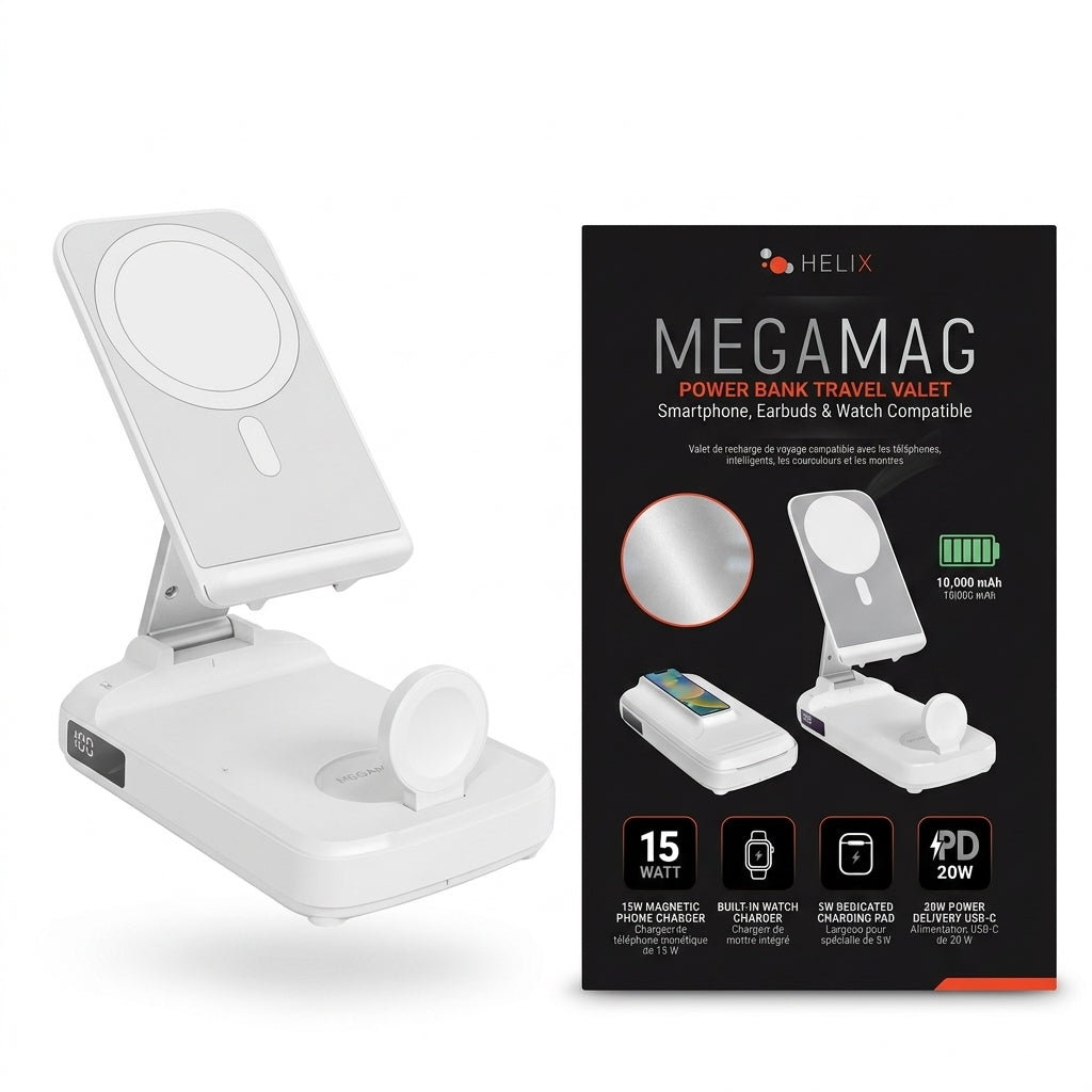 Helix MegaMag 10,000 mAh 3-in-1 Magnetic Power Bank Travel Valet – Foldable Wireless Charging Stand for iPhone, Apple Watch & AirPods