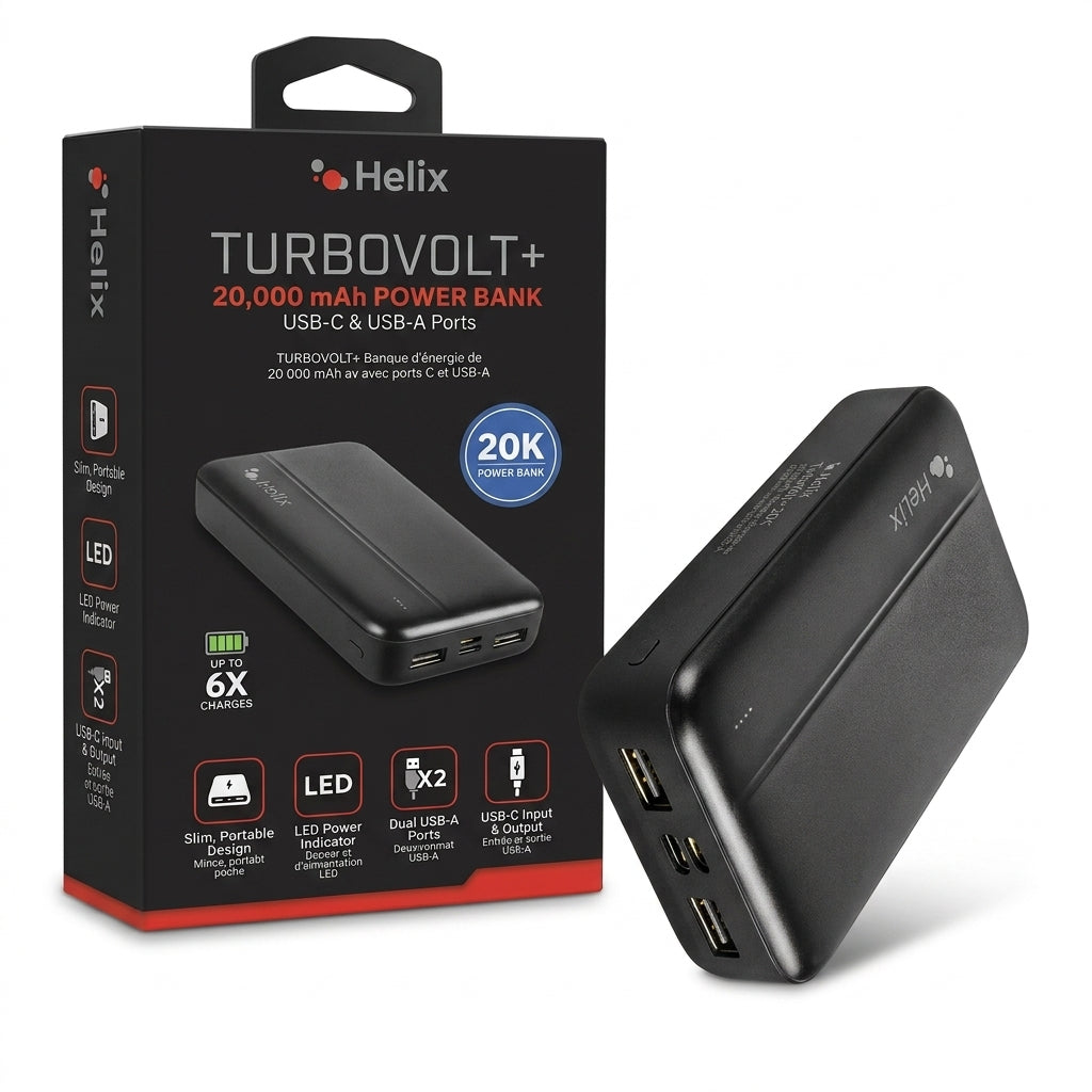 Helix TurboVolt+ 20,000 mAh Power Bank with USB-C Input/Output & Dual USB-A Ports – Portable High-Capacity Battery Pack