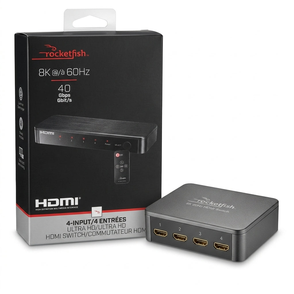 Rocketfish 8K @ 60Hz 4-Input HDMI Switch with Remote Control (40 Gbps) – Ultra HD Multi-Device Switcher for Gaming Consoles, Media Players & TVs