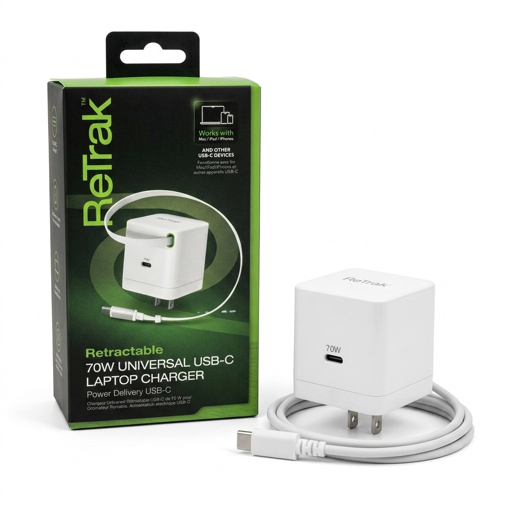 ReTrak Retractable 70W Universal USB-C Laptop Charger – Power Delivery Fast Charger for Mac, iPad, iPhone & Laptops