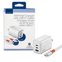 Insignia 65W 3-Port Fast Wall Charger Kit with 6ft USB-C Cable (2x USB-C, 1x USB-A) – Multi-Device Charger for Laptop, Phone & Tablet