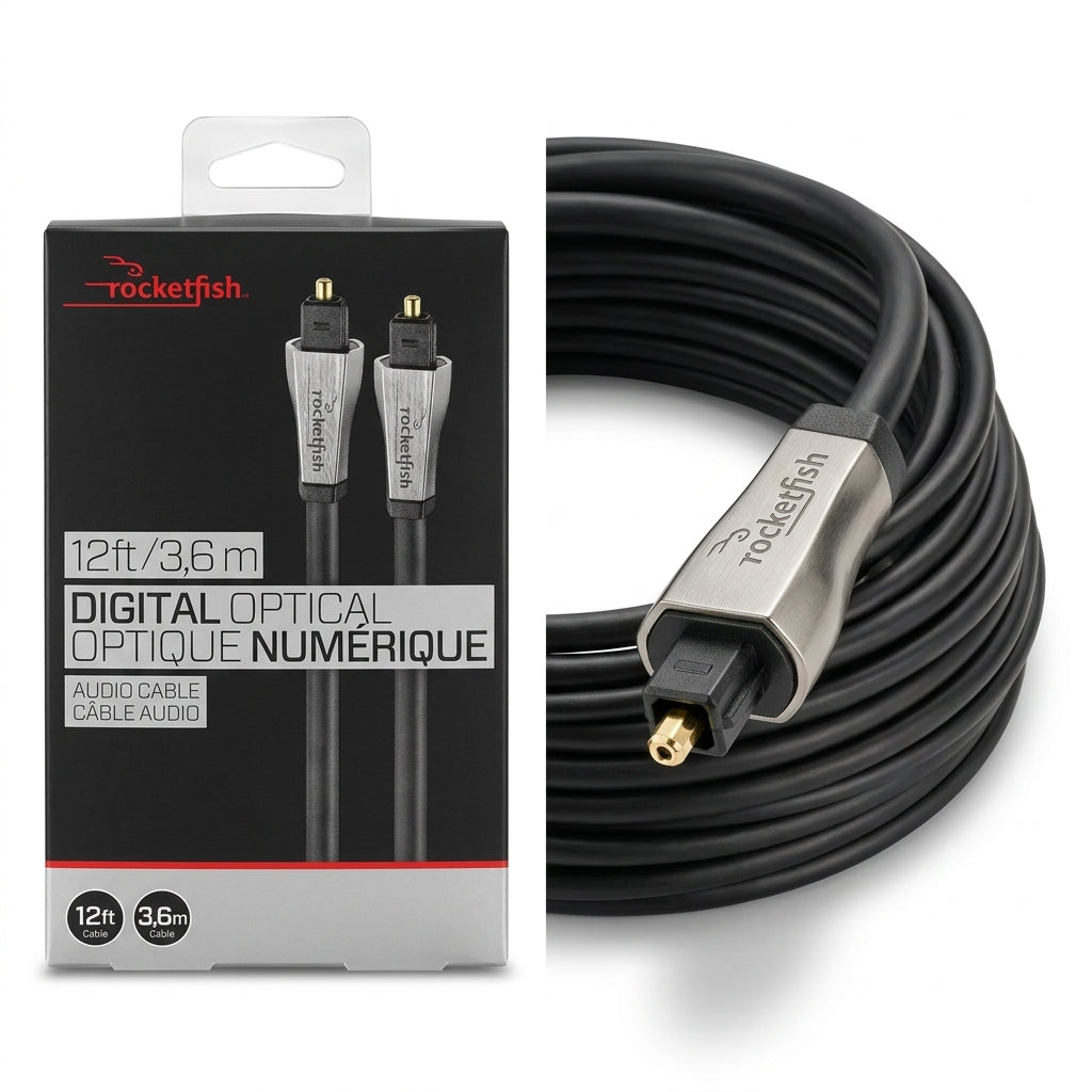 Rocketfish 12ft (3.6m) Digital Optical Audio Cable – High-Resolution Toslink Fiber Optic Cable for Soundbars, Home Theater & TVs