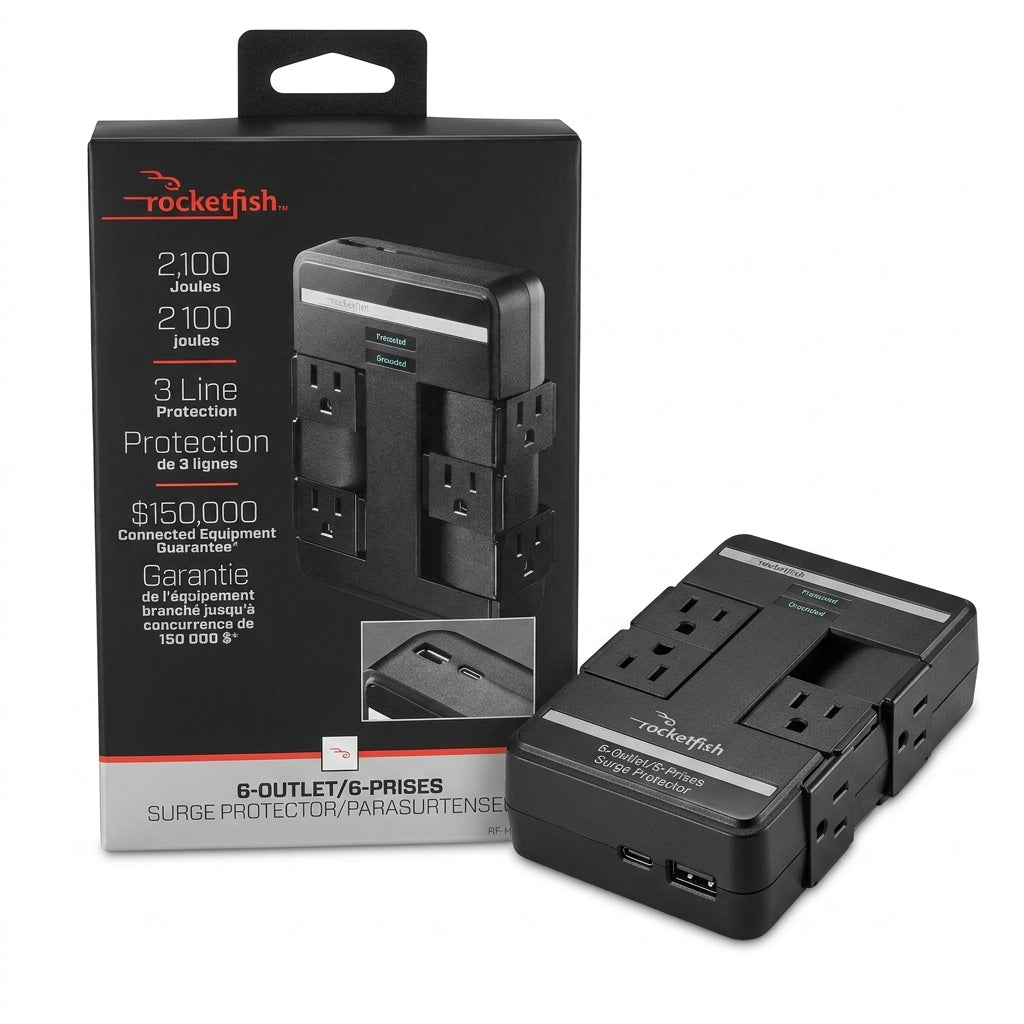 Rocketfish 6-Outlet Swivel Surge Protector Wall Tap with USB-C & USB-A Ports – 2,100 Joules Power Protection