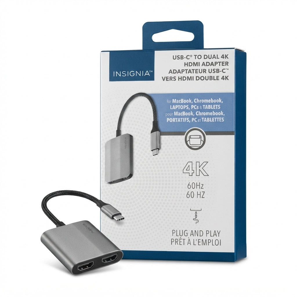 Insignia USB-C to Dual 4K HDMI Adapter – Gray | Dual HDMI, 4K 60Hz