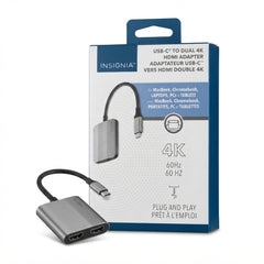 Insignia USB-C to Dual 4K HDMI Adapter – Gray | Dual HDMI, 4K 60Hz