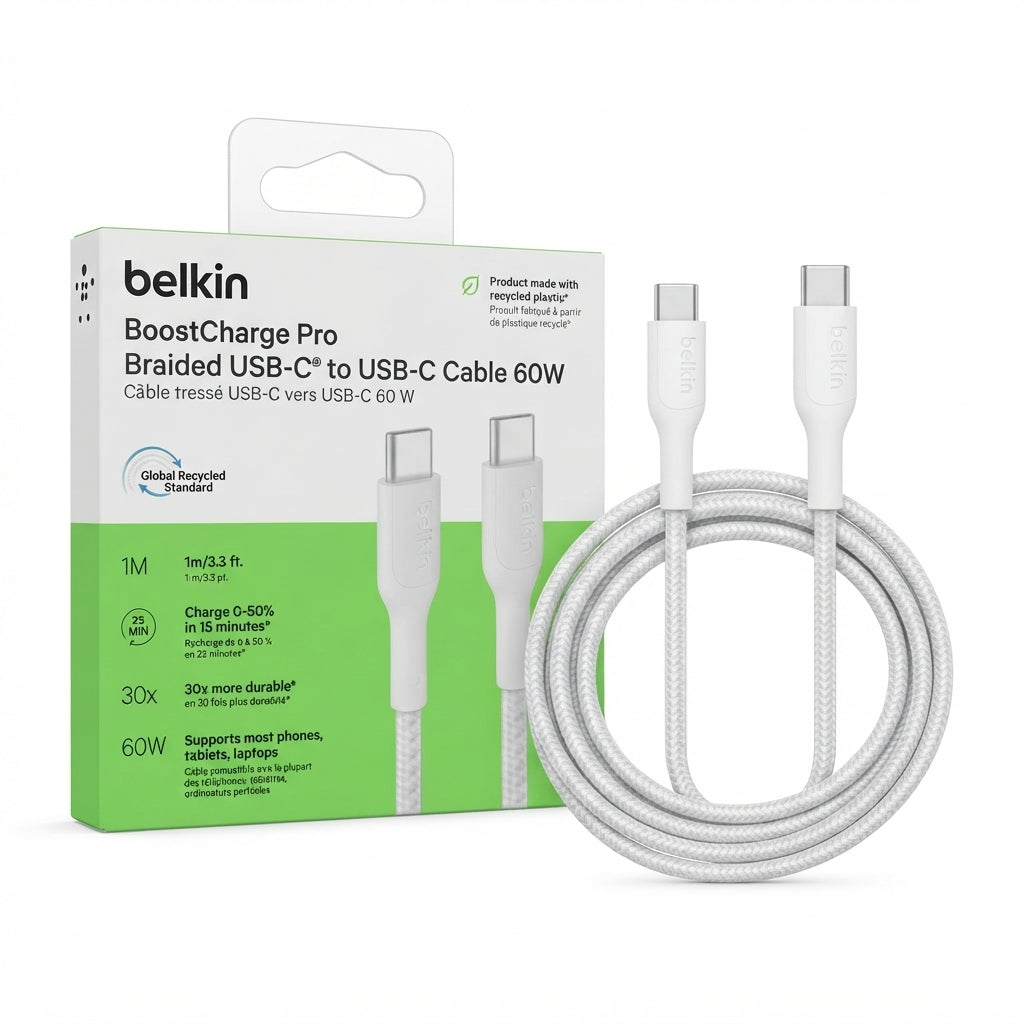 Belkin BoostCharge Pro Braided USB-C to USB-C Cable 60W – 1m | White