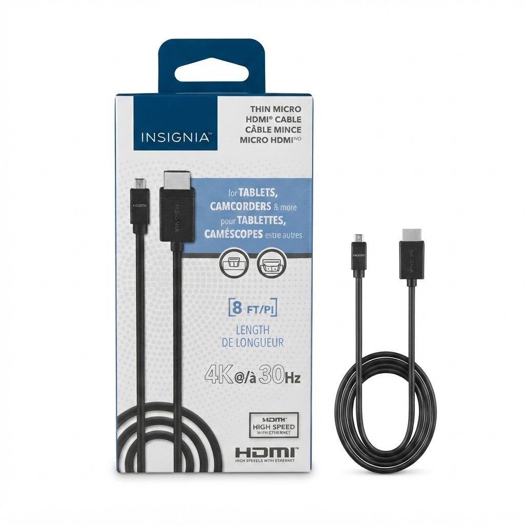 Insignia 8 ft Thin Micro HDMI to HDMI Cable (2.4 m) – High Speed Ultra-Flexible 4K @ 30Hz Video Cable for Cameras, Tablets & Camcorders
