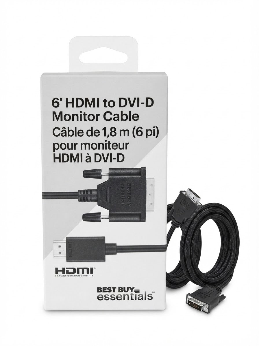 Best Buy Essentials 6 ft HDMI to DVI-D Monitor Cable (1.8 m) – Bi-Directional High-Definition Video Cable for PCs, Laptops & Displays