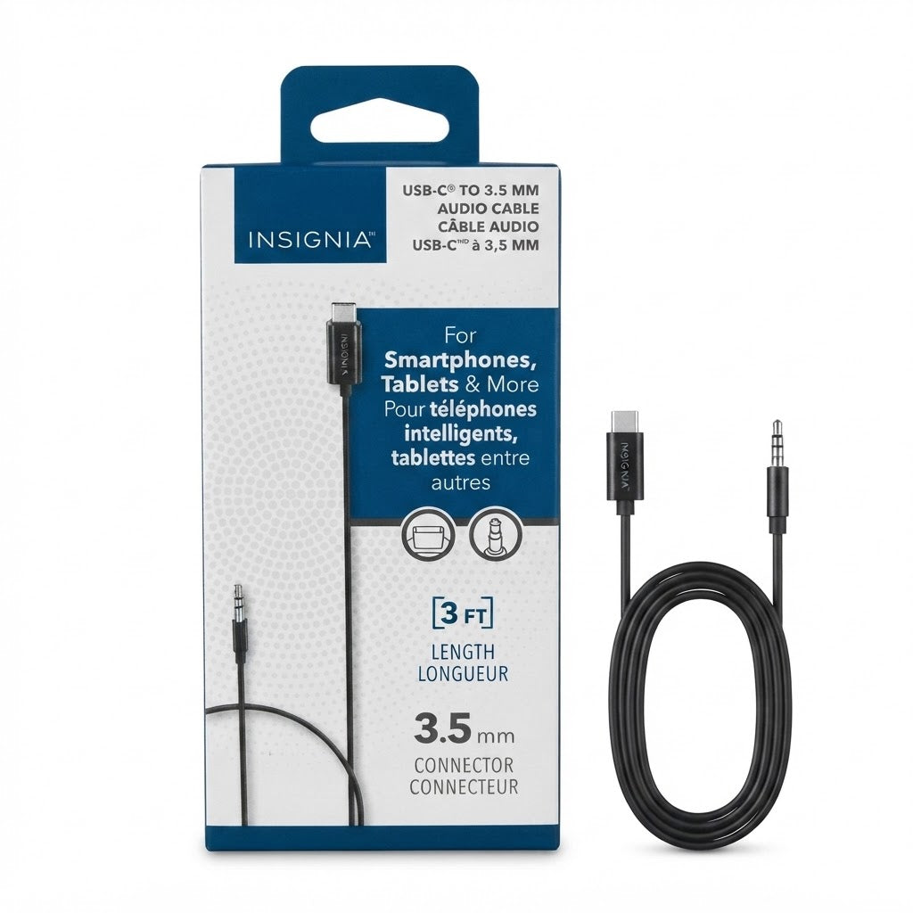 Insignia 3 ft USB-C to 3.5 mm Audio Auxiliary Cable (0.9 m) – Headphone & Car AUX Cable for Smartphones, Tablets & Laptops