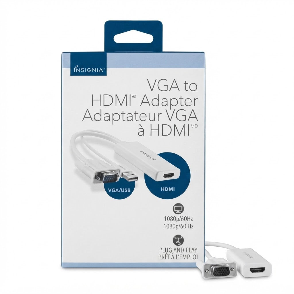 Insignia VGA to HDMI Adapter (1080p @ 60Hz) – Compact Video & Audio Converter Dongle for Laptops, PCs, Monitors, TVs & Projectors (White)